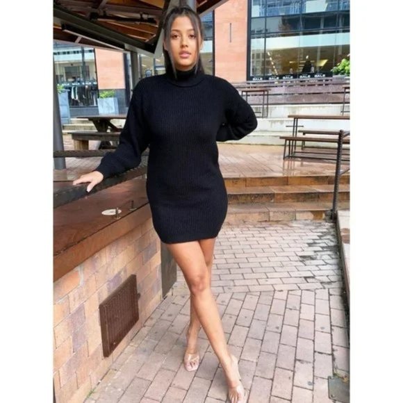 Black Knitted Long Sleeve Turtle Neck Loose Fit Mini Sweater Dress - Picture 4 of 9